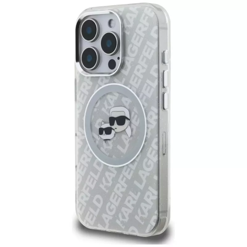 KARL LAGERFELD IML Glitter Karl & Choupette Heads Logo Funda MagSafe para iPhone 16 Pro Max Gris
