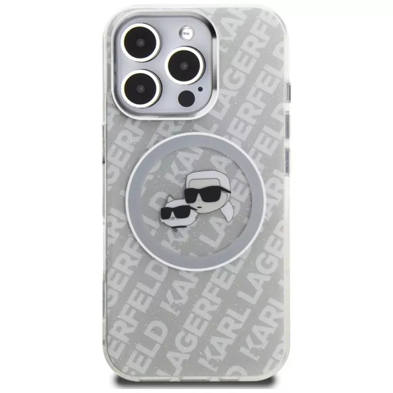 KARL LAGERFELD IML Glitter Karl & Choupette Heads Logo Funda MagSafe para iPhone 16 Pro Max Gris