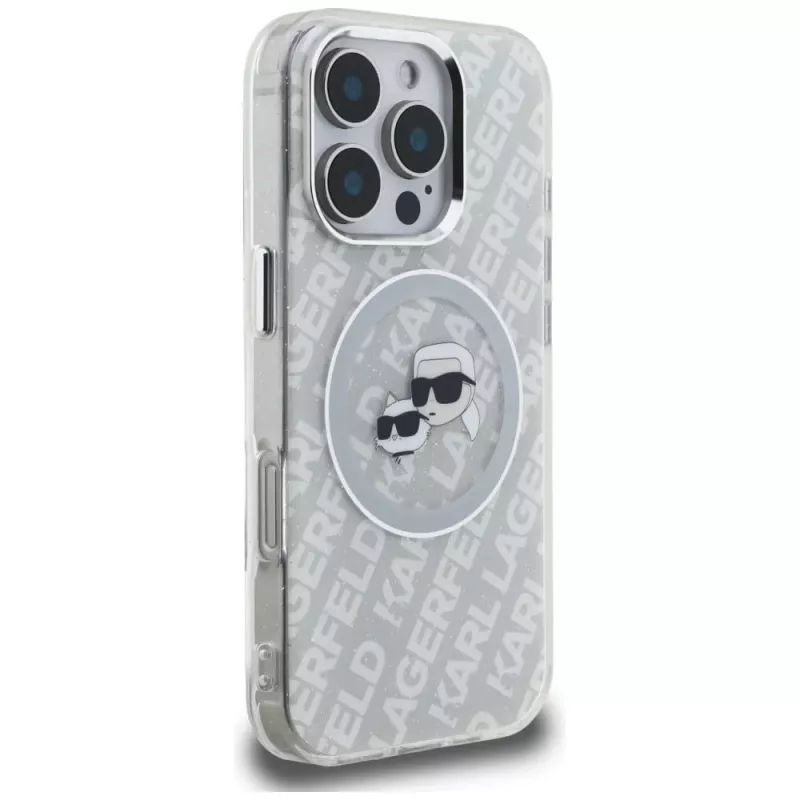 KARL LAGERFELD IML Glitter Karl & Choupette Heads Logo Funda MagSafe para iPhone 16 Pro Max Gris
