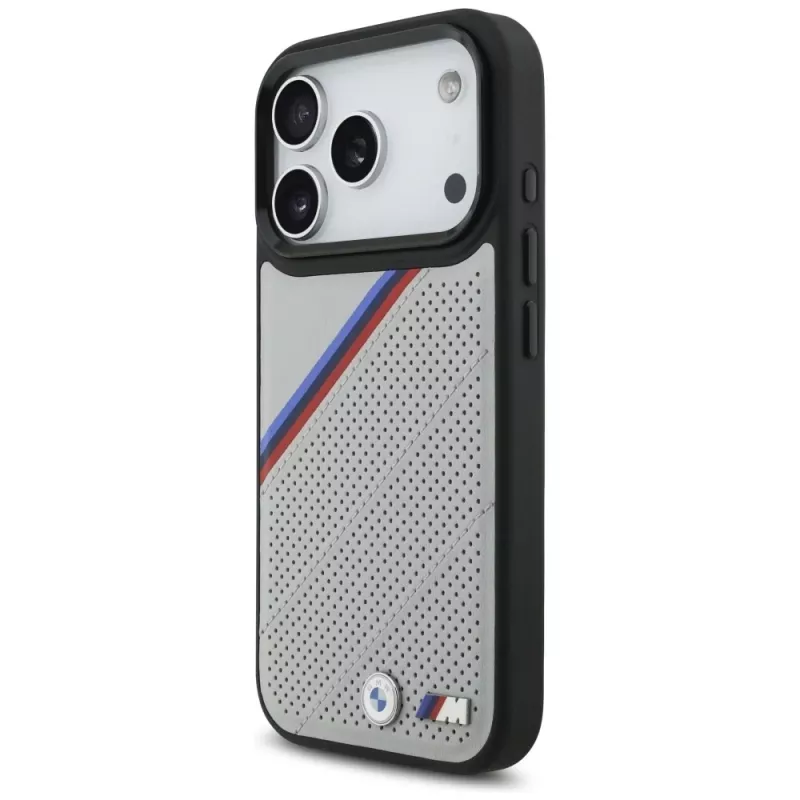 BMW M Tricolor Metal Logo Funda MagSafe para iPhone 17 Pro Gris