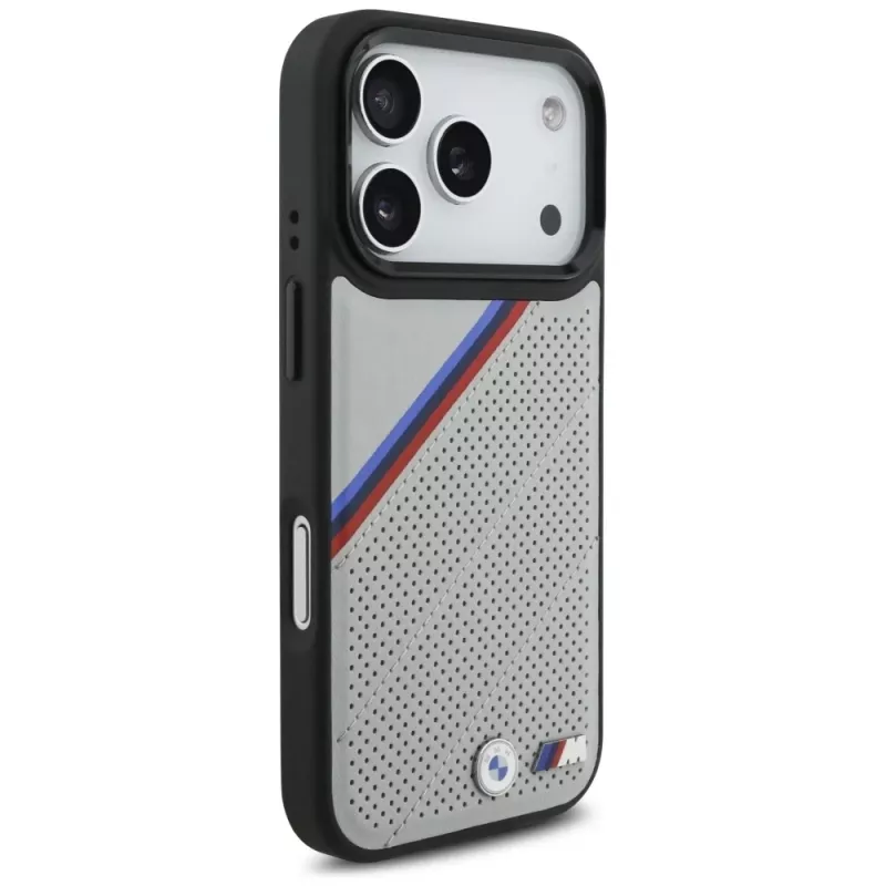 BMW M Tricolor Metal Logo Funda MagSafe para iPhone 17 Pro Gris
