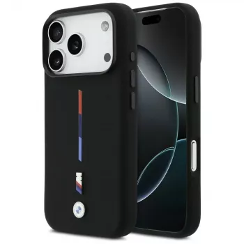 Funda MagSafe BMW M Silicon Tricolor Line para iPhone 17 Pro, negra