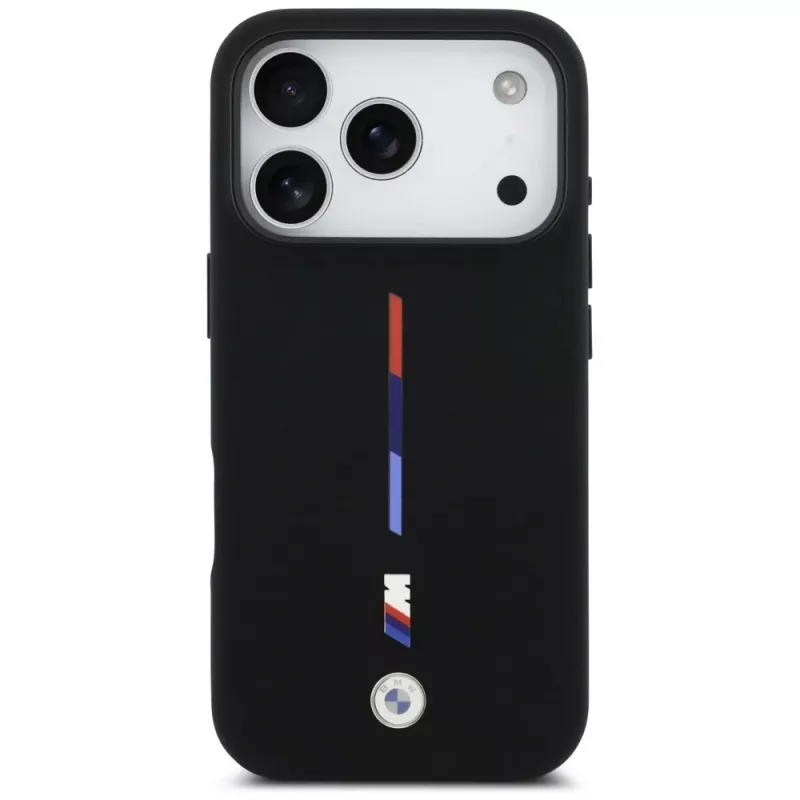 Funda MagSafe BMW M Silicon Tricolor Line para iPhone 17 Pro, negra