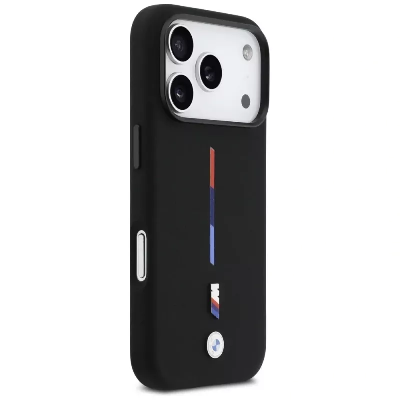 Funda MagSafe BMW M Silicon Tricolor Line para iPhone 17 Pro, negra