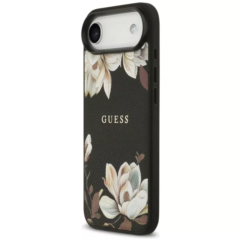 Funda MagSafe Guess Grained Flowers Classic Logo para Apple iPhone Air, negra