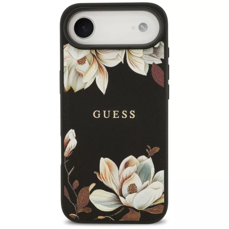 Funda MagSafe Guess Grained Flowers Classic Logo para Apple iPhone Air, negra