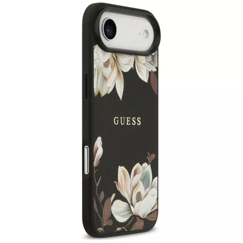 Funda MagSafe Guess Grained Flowers Classic Logo para Apple iPhone Air, negra