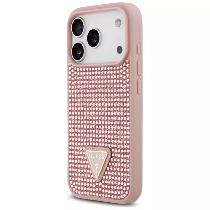 Guess Rhinestone Triangle Logo Funda para iPhone 17 Pro, Rosa