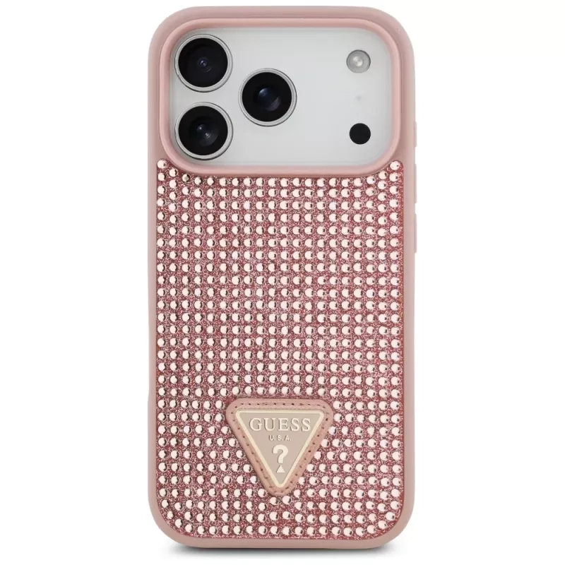 Guess Rhinestone Triangle Logo Funda para iPhone 17 Pro, Rosa