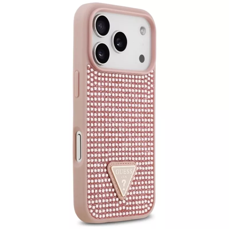 Guess Rhinestone Triangle Logo Funda para iPhone 17 Pro, Rosa