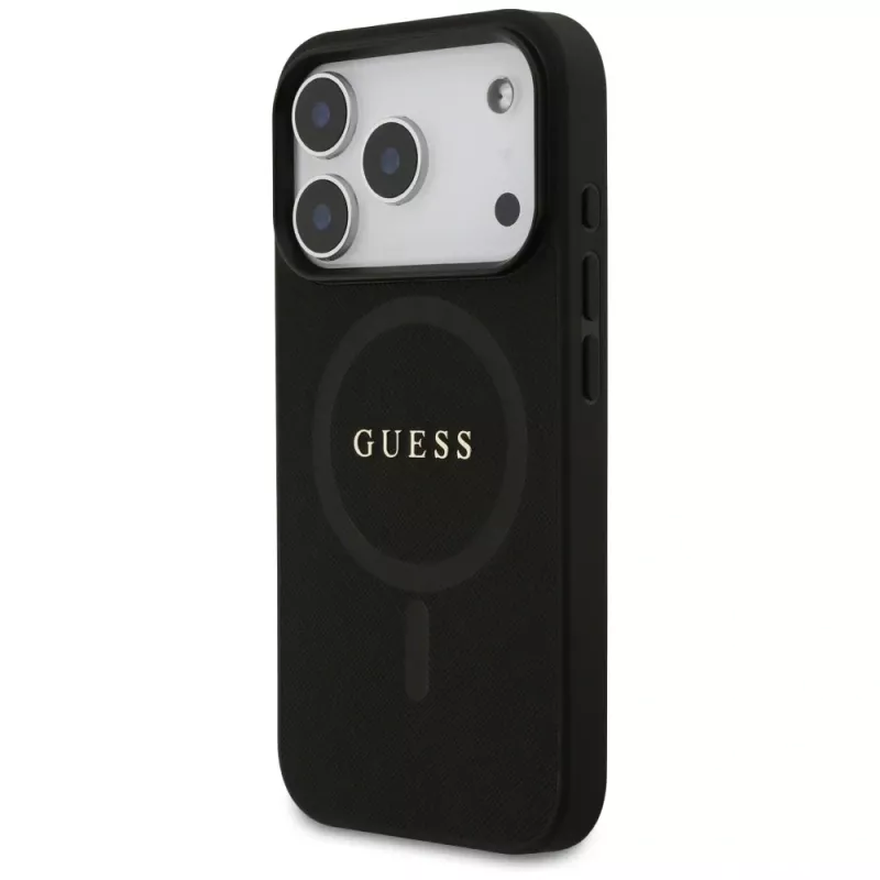 Guess Saffiano Classic Logo Funda MagSafe para iPhone 17 Pro, Negro