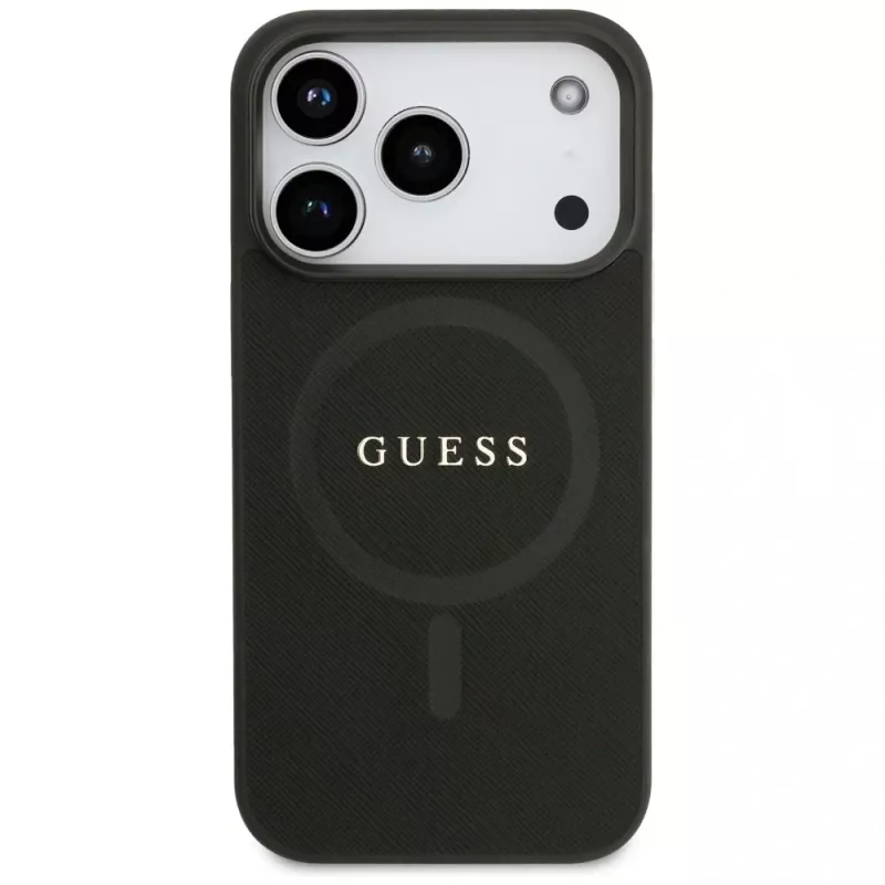 Guess Saffiano Classic Logo Funda MagSafe para iPhone 17 Pro, Negro