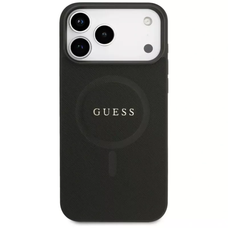 Guess Saffiano Classic Logo Funda MagSafe para iPhone 17 Pro Max, Negro