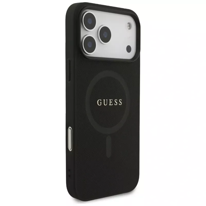 Guess Saffiano Classic Logo Funda MagSafe para iPhone 17 Pro Max, Negro