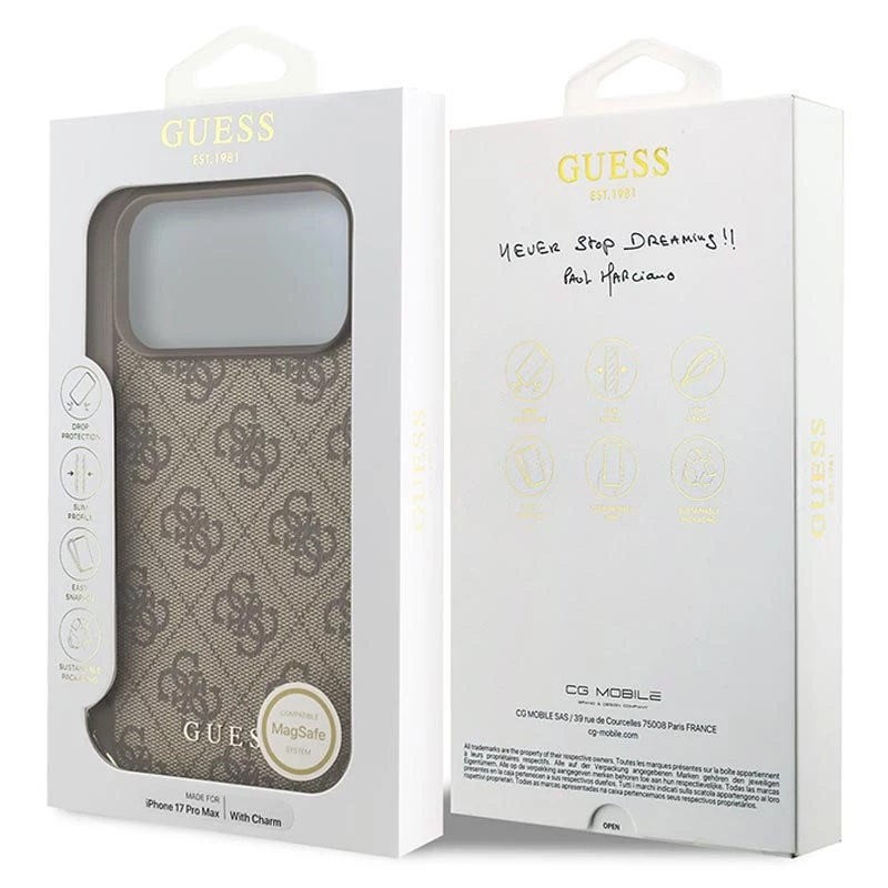 Guess 4G Charms Collection Funda MagSafe para iPhone 17 Pro Max (Marrón)