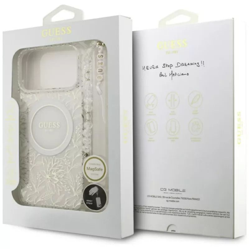 Guess IML Flowers Electro Pearl Strap Funda MagSafe para iPhone 17 Pro Max Blanco