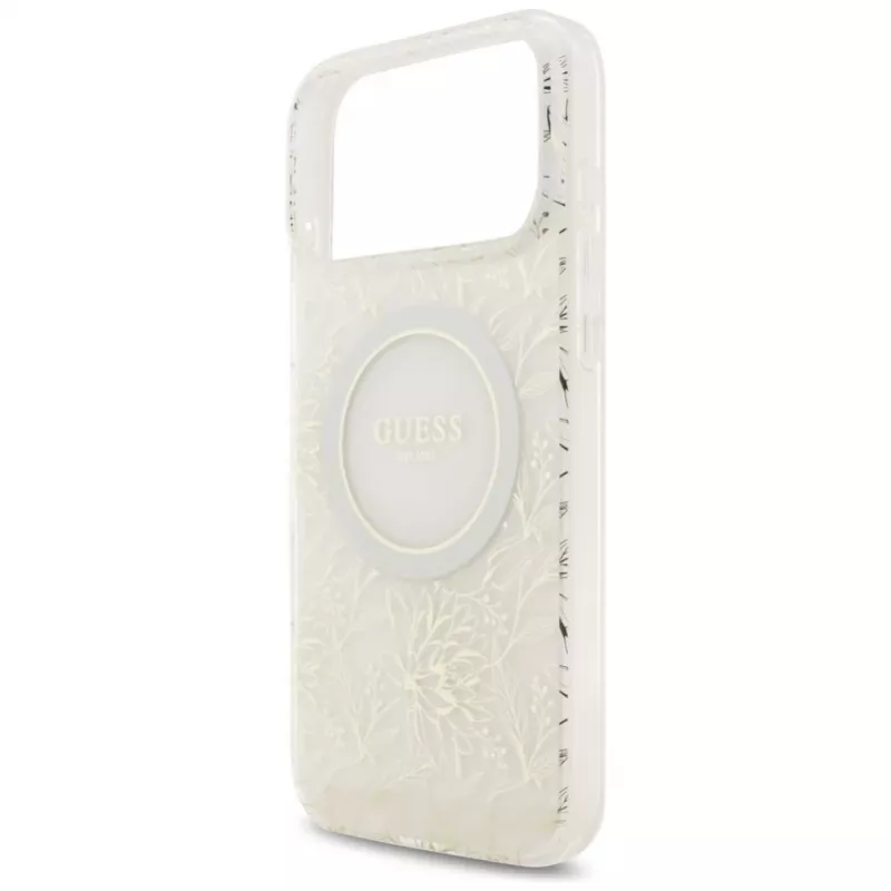 Guess IML Flowers Electro Pearl Strap Funda MagSafe para iPhone 17 Pro Max Blanco