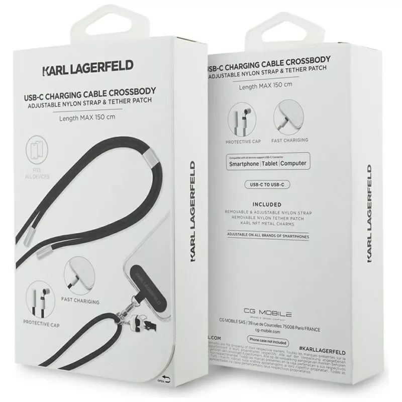 Karl Lagerfeld Ikonik Charm cable USB-C a USB-C con lanyard, 1,2 m, negro