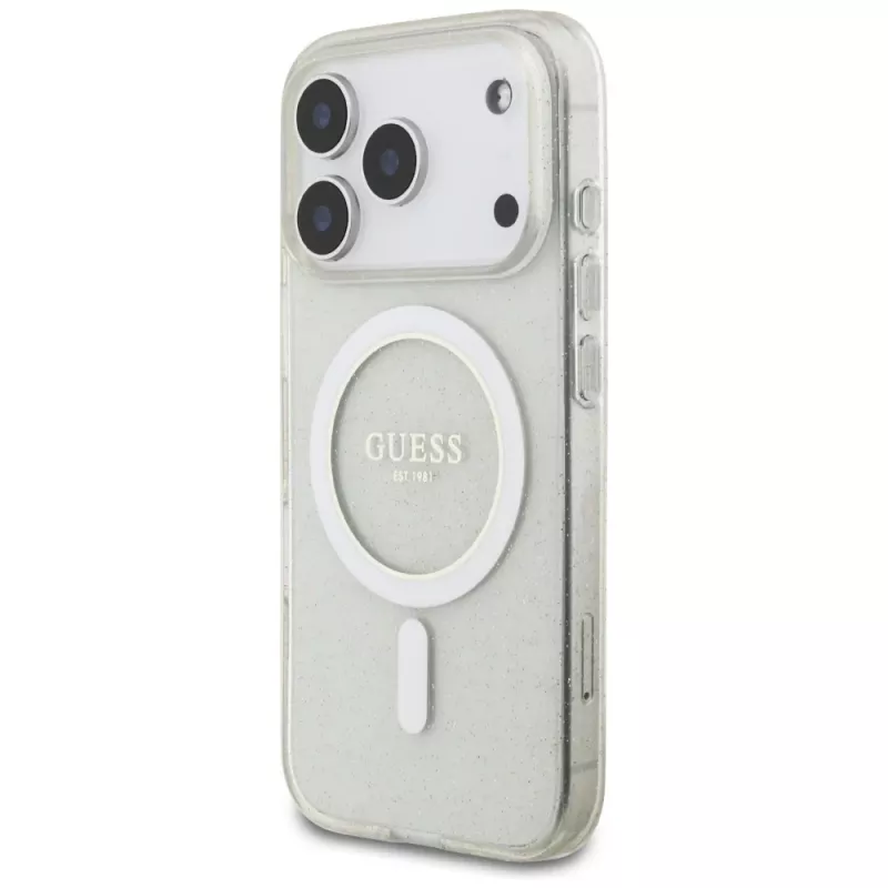 Guess funda MagSafe IML Glitter Pearl Strap para iPhone 17 Pro, transparente