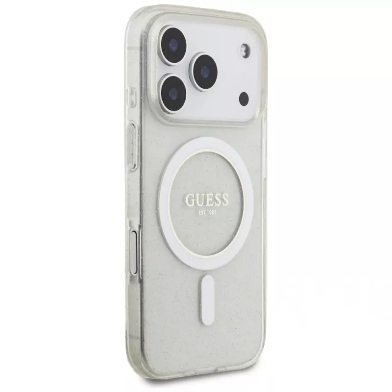 Guess funda MagSafe IML Glitter Pearl Strap para iPhone 17 Pro, transparente