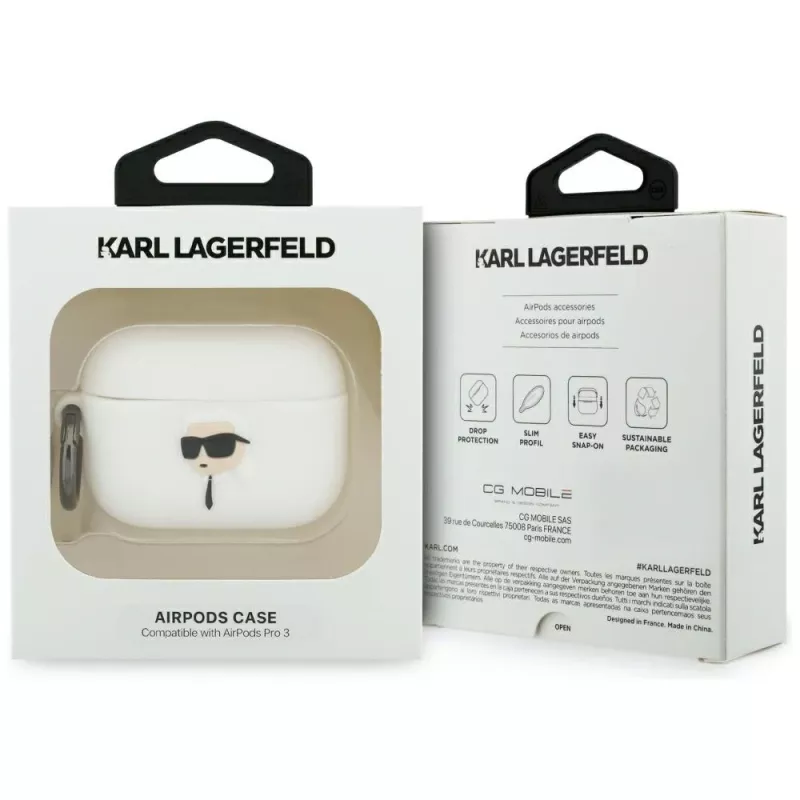 Funda KARL LAGERFELD Silicone Karl Head 3D para AirPods Pro 3, blanca
