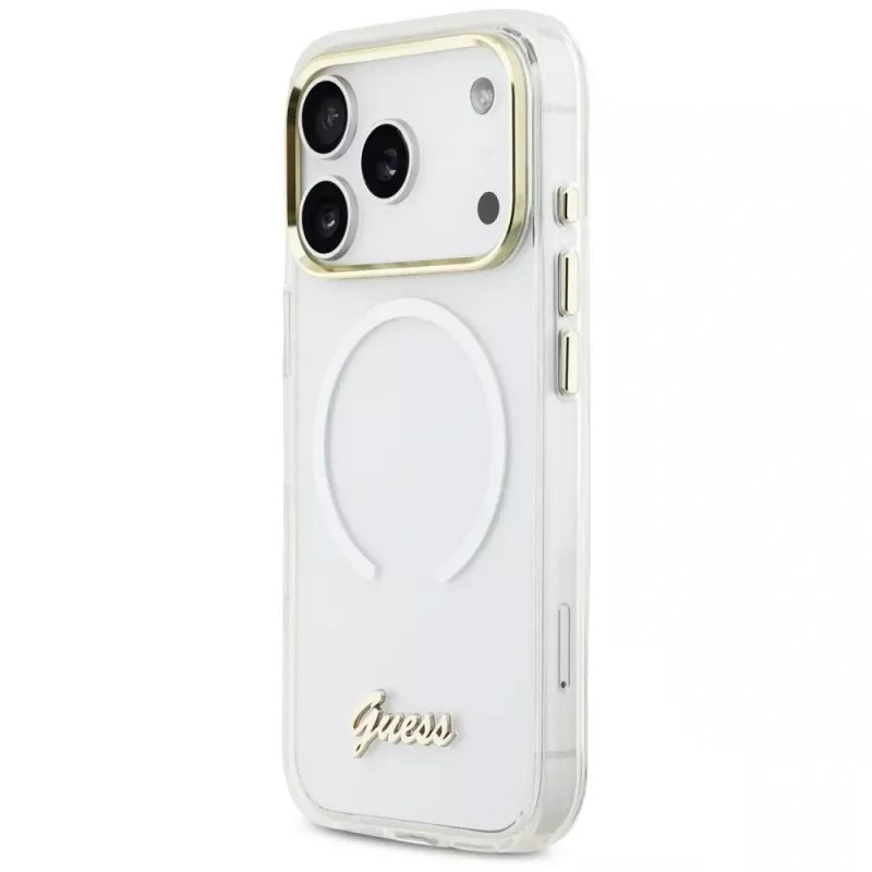 Funda Guess IML Gradient Script Metal MagSafe para Apple iPhone 17 Pro, blanca