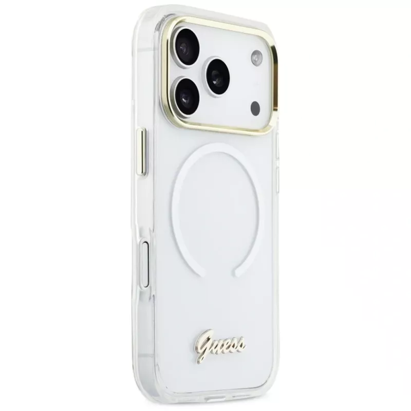 Funda Guess IML Gradient Script Metal MagSafe para Apple iPhone 17 Pro, blanca