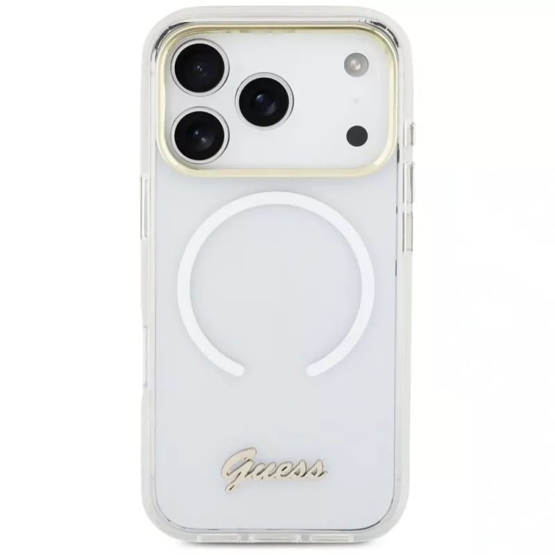 Funda Guess IML Gradient Script Metal MagSafe para iPhone 17 Pro Max, blanca