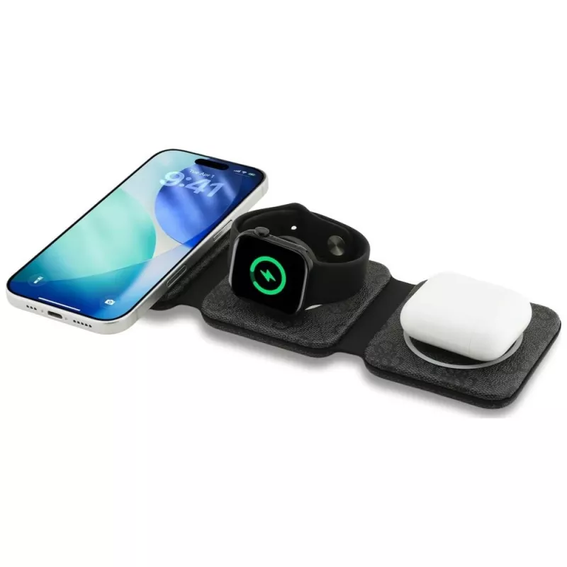 Guess 4G Wireless Charger - Base de carga inductiva MagSafe 3 en 1 para iPhone, AirPods y Apple Watch 15W (Negro)