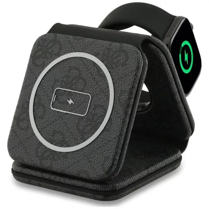 Guess 4G Wireless Charger - Base de carga inductiva MagSafe 3 en 1 para iPhone, AirPods y Apple Watch 15W (Negro)