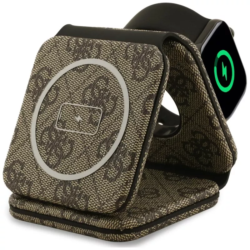Guess 4G Wireless Charger - Base de carga MagSafe 3 en 1 para iPhone, AirPods y Apple Watch 15W (Marrón)