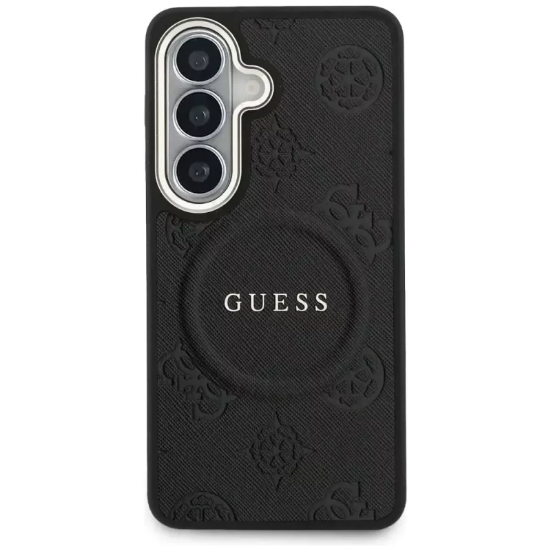 Guess Saffiano Peony Embossed Ring MagSafe Case para Samsung Galaxy S26 negro
