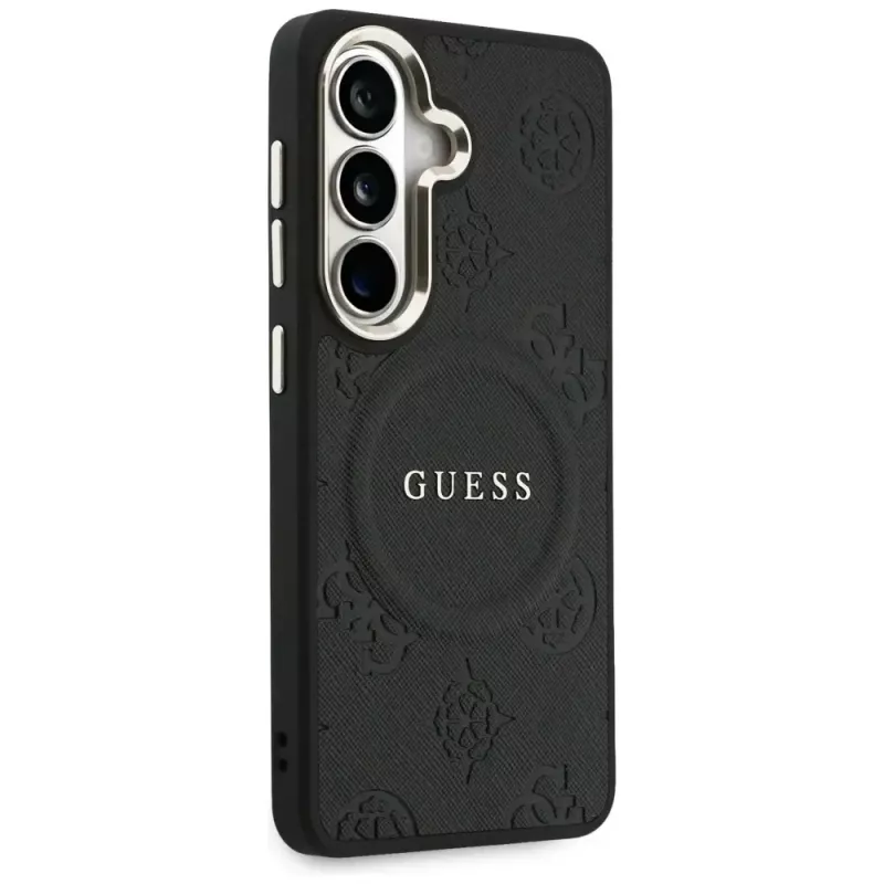 Guess Saffiano Peony Embossed Ring MagSafe Case para Samsung Galaxy S26 negro