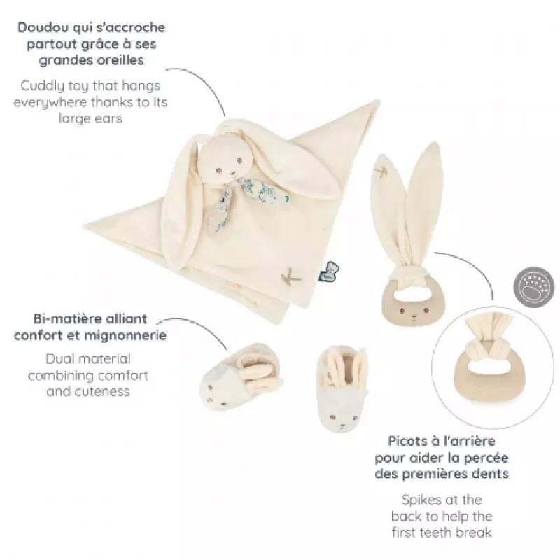 Kaloo Set de Regalo 3 en 1 Conejo (Trapo de Peluche + Mordedor + Botines) Crema Colección Lapinoo