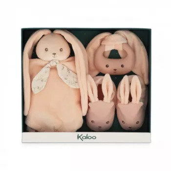Kaloo Set de Regalo 3 en 1 Bebé Conejo (Trapo de Peluche + Mordedor + Botines) Melocotón Lapinoo