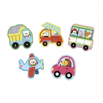 Janod Set de puzzles progresivos con 5 puzzles - 2, 4, 6, 8 y 10 piezas - Vehículos 2+