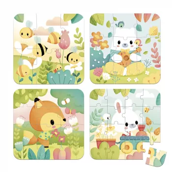 Janod Set de puzzles progresivos Pure en maletín – Animales – 4 puzzles (6, 9, 12, 16 piezas) – a partir de 2 años – Fabricado en Francia