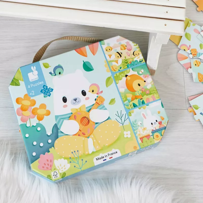 Janod Set de puzzles progresivos Pure en maletín – Animales – 4 puzzles (6, 9, 12, 16 piezas) – a partir de 2 años – Fabricado en Francia