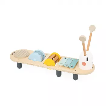 Janod Sweet Cocoon Mesa de actividades musical - Diseño gusano, 5 instrumentos, madera FSC, a partir de 12 meses