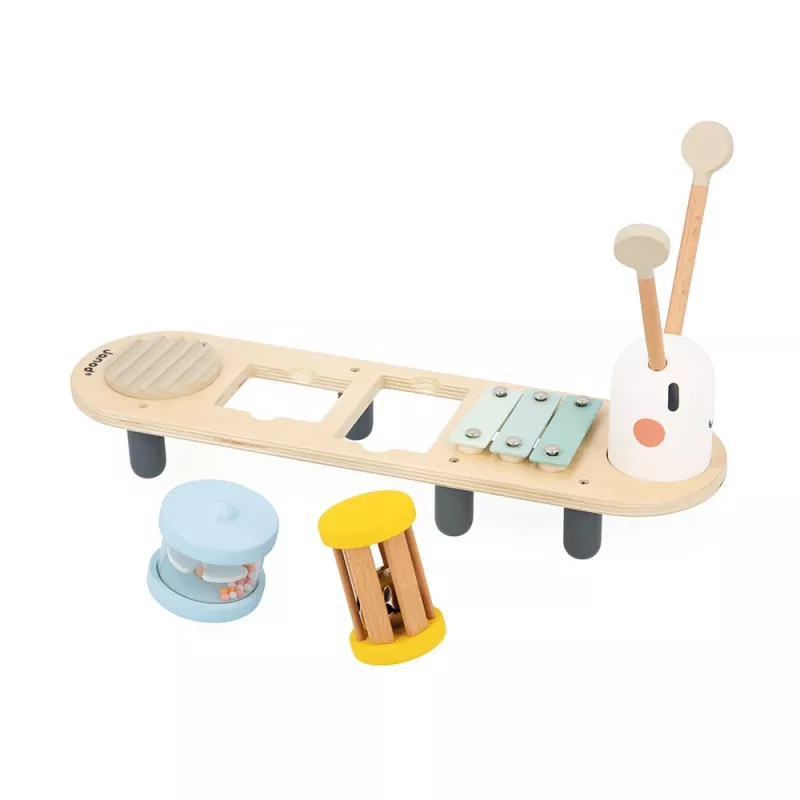 Janod Sweet Cocoon Mesa de actividades musical - Diseño gusano, 5 instrumentos, madera FSC, a partir de 12 meses