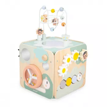 Janod Sweet Cocoon Cubo multiactividades con laberinto de cuentas, encajable de formas, ábaco, engranajes, elementos deslizantes, bloques giratorios, juego de apilar - Madera certificada FSC, colores pastel, edad 18 meses a 3 años