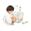 Janod Sweet Cocoon Cubo multiactividades con laberinto de cuentas, encajable de formas, ábaco, engranajes, elementos deslizantes, bloques giratorios, juego de apilar - Madera certificada FSC, colores pastel, edad 18 meses a 3 años
