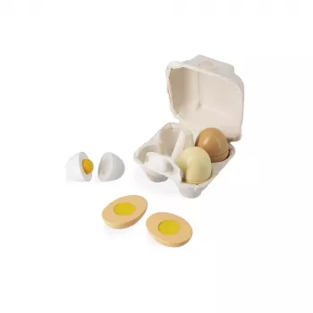 Janod Huevera de cartón prensado con 4 huevos de madera - Set de alimentos para juego simbólico