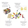 Janod Set caja de frutas y verduras de madera para cortar - 18 piezas accesorios de cocina de juguete con cuchillo y tabla de cortar