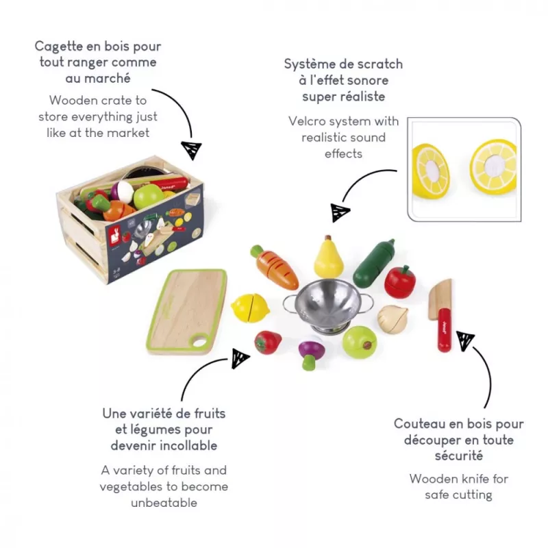 Janod Set caja de frutas y verduras de madera para cortar - 18 piezas accesorios de cocina de juguete con cuchillo y tabla de cortar