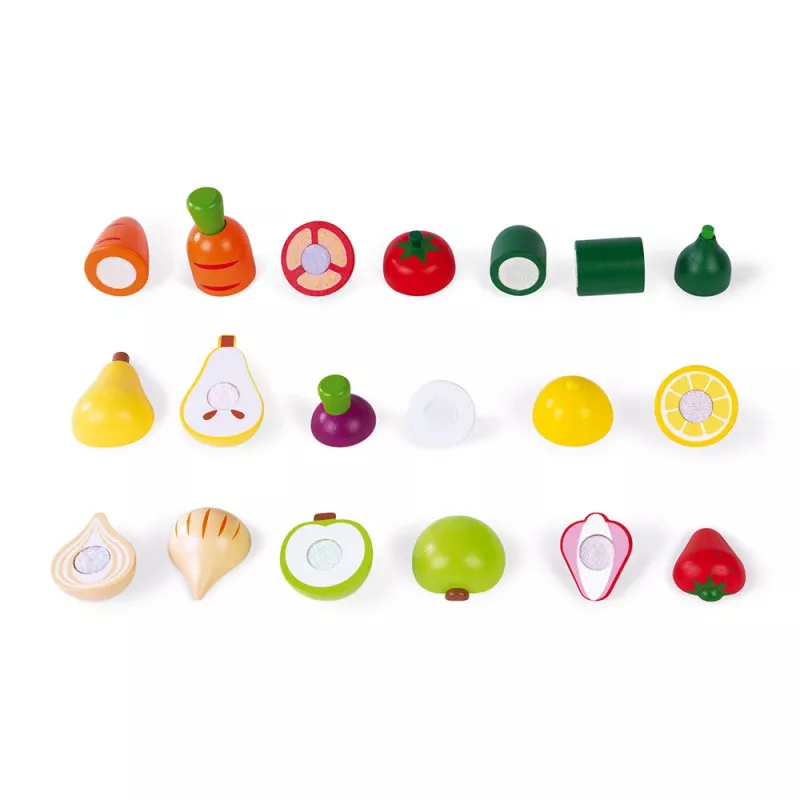 Janod Set caja de frutas y verduras de madera para cortar - 18 piezas accesorios de cocina de juguete con cuchillo y tabla de cortar