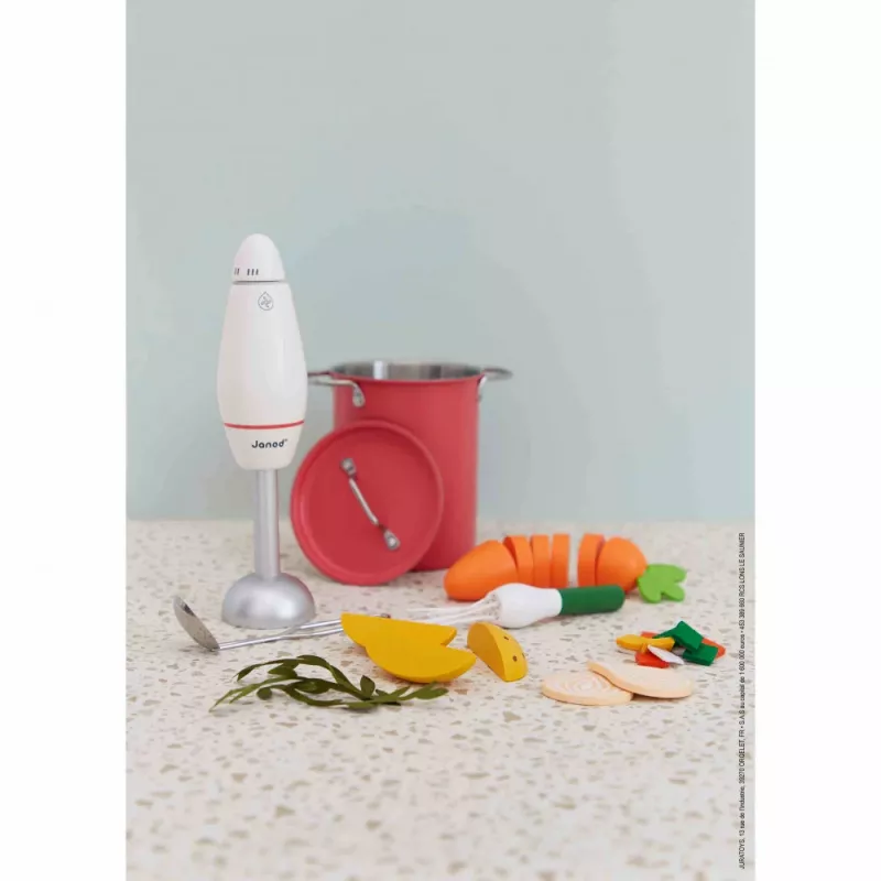 Janod Set de cocina de sopa de madera con batidora y accesorios 3+