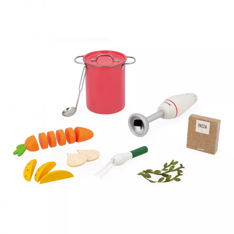 Janod Set de cocina de sopa de madera con batidora y accesorios 3+