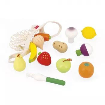 Janod Shiny Grandma Set de alimentos de juguete de madera en bolsa de malla, 12 piezas