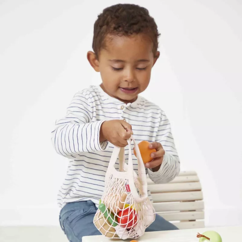 Janod Shiny Grandma Set de alimentos de juguete de madera en bolsa de malla, 12 piezas